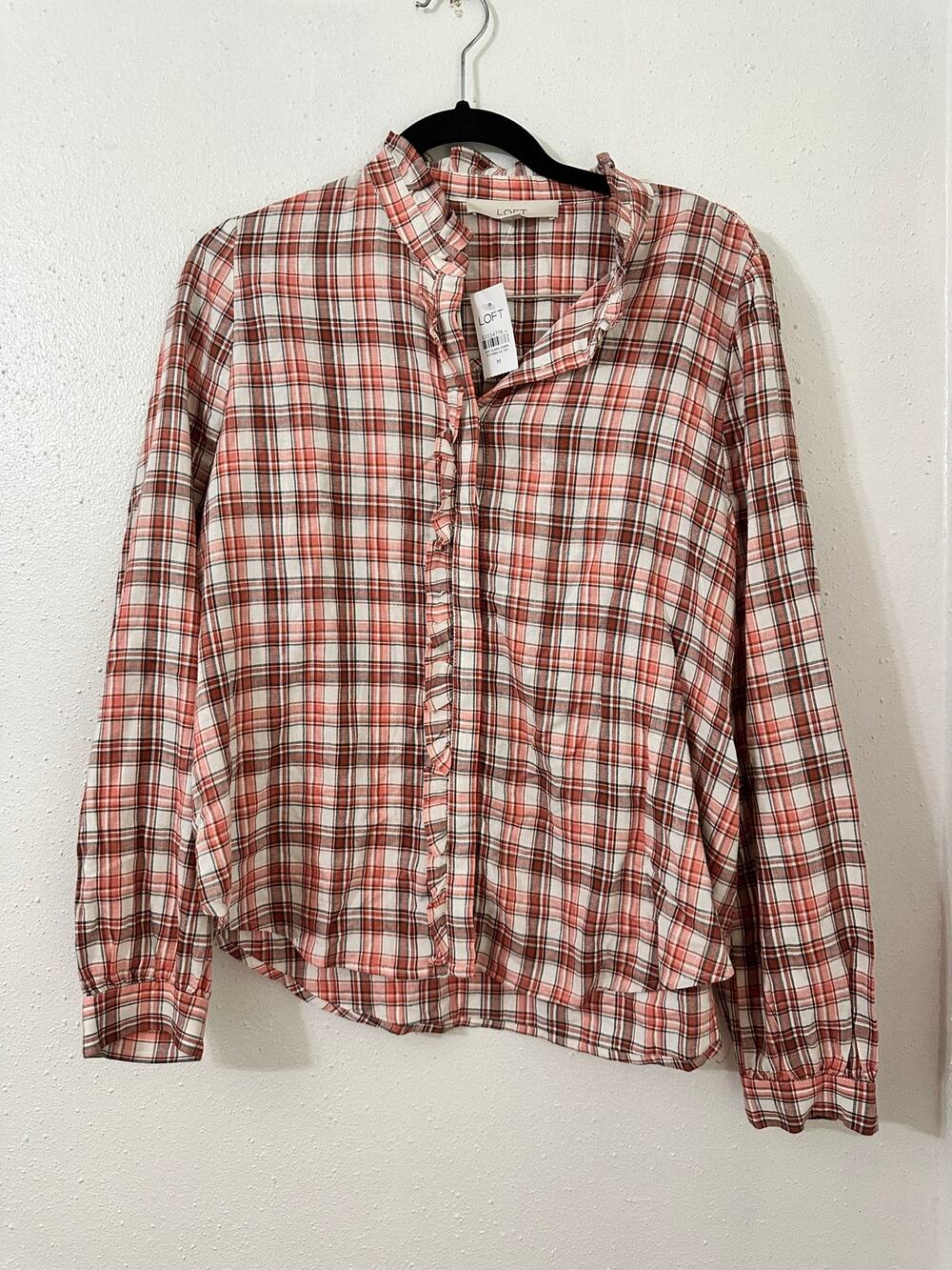 LOFT plaid ruffle neck fall colors size M NWT